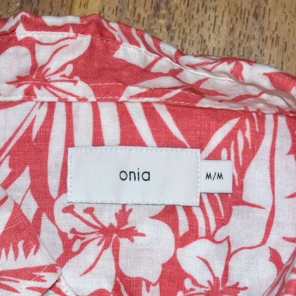 Onia Orange Short Sleeve Tropical Floral Print Linen Button Front Shirt Sz M - Picture 3 of 3